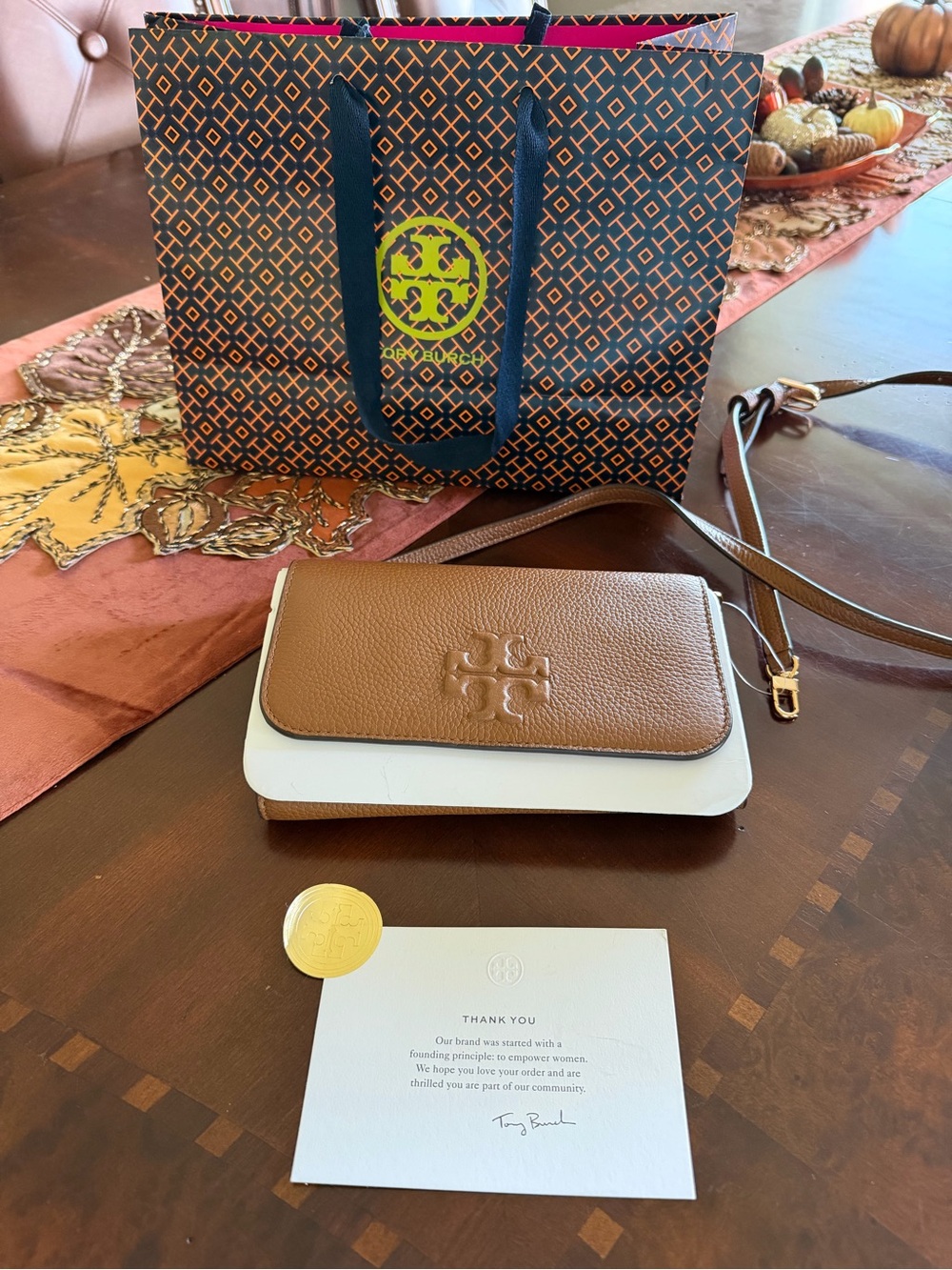 Tory Burch Brown Pebbled Leather Crossbody with Embossed Logo - Picture 2 of 8